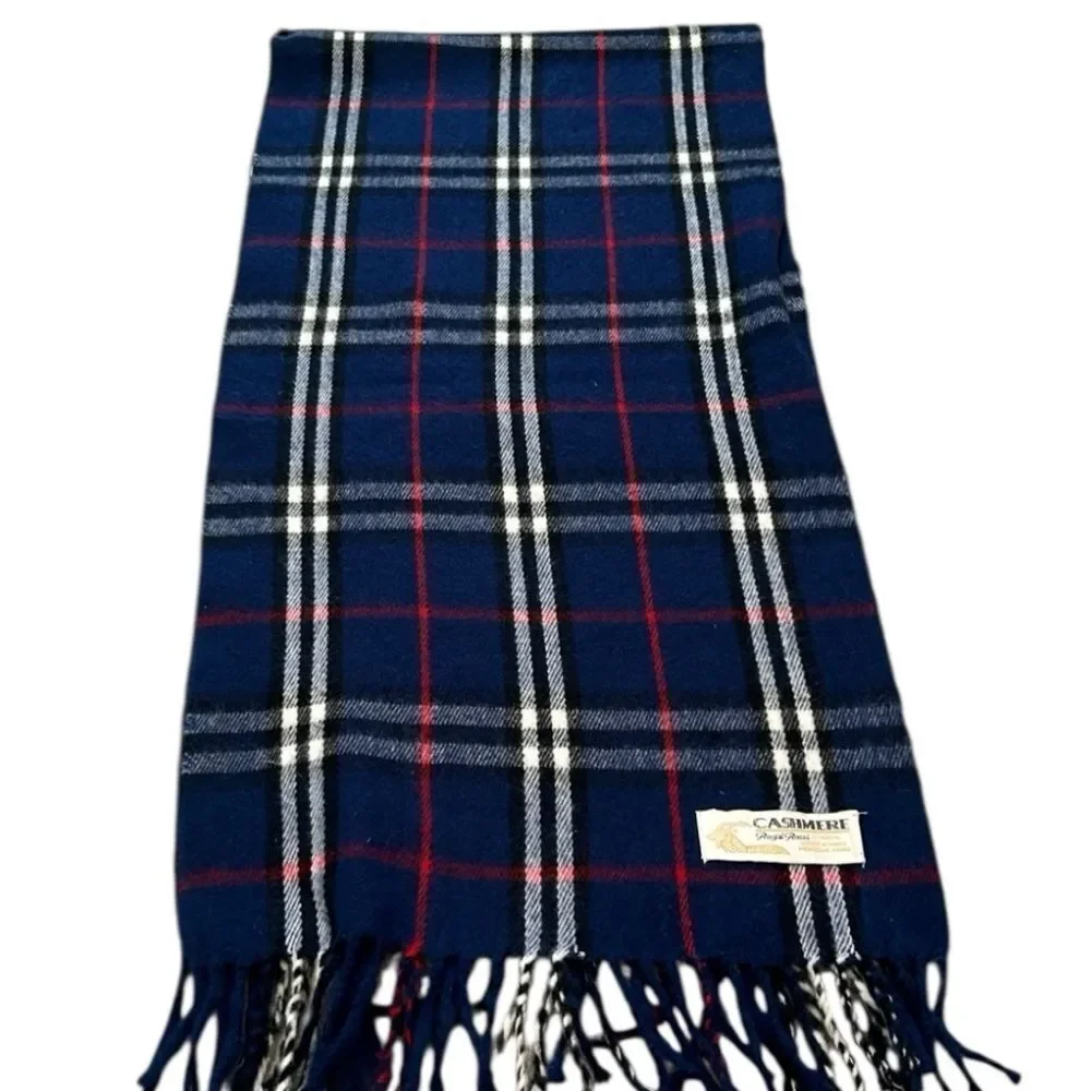 Cashmere Plaid Fringe Scarf in Navy and Red 100% Kashmir by Royal Rossi